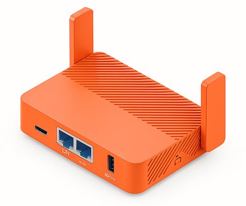 Il router Grip VPN: un router arancione compatto con due antenne e due porte di rete